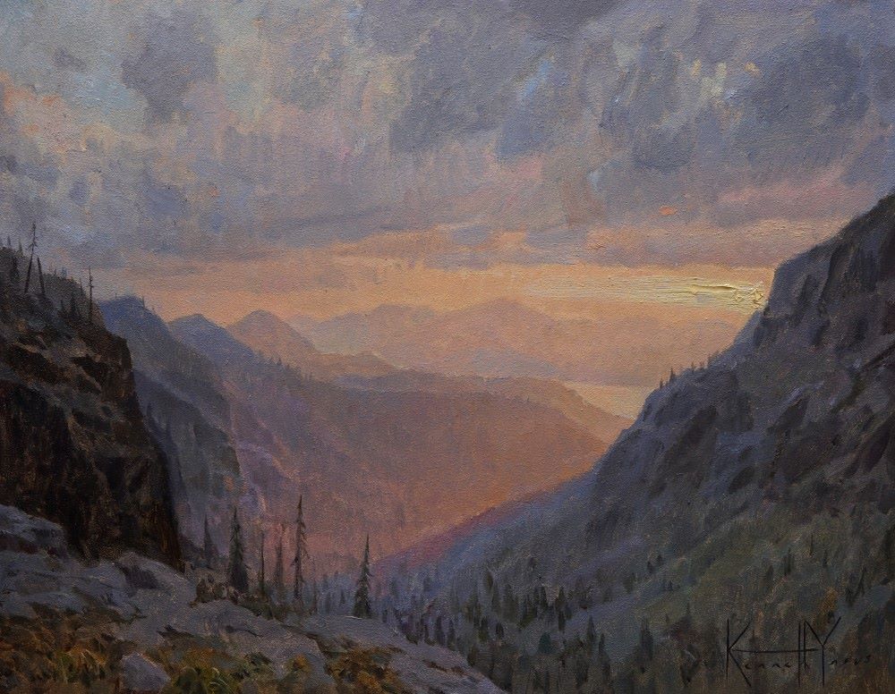 A plein air painting looking down a mountain valley toward a distant lake and a glowing sunset.