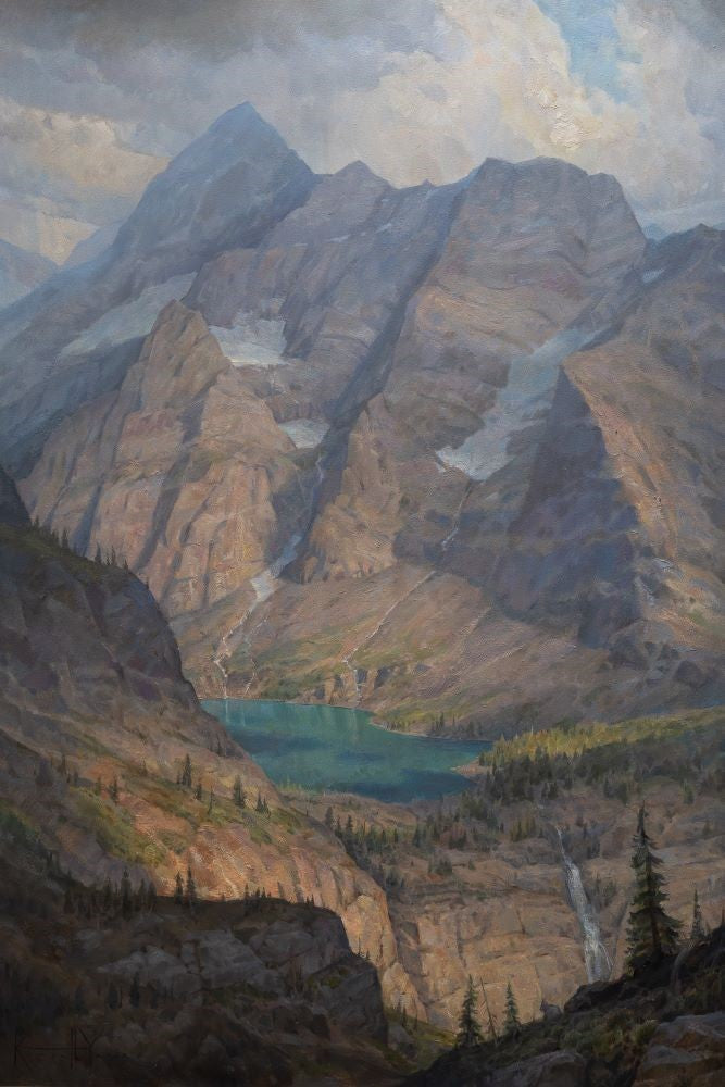 A realism painting with an intense glacial blue lake nestled at the bottom of a spiny mountain with snowfields scattered on its ridges