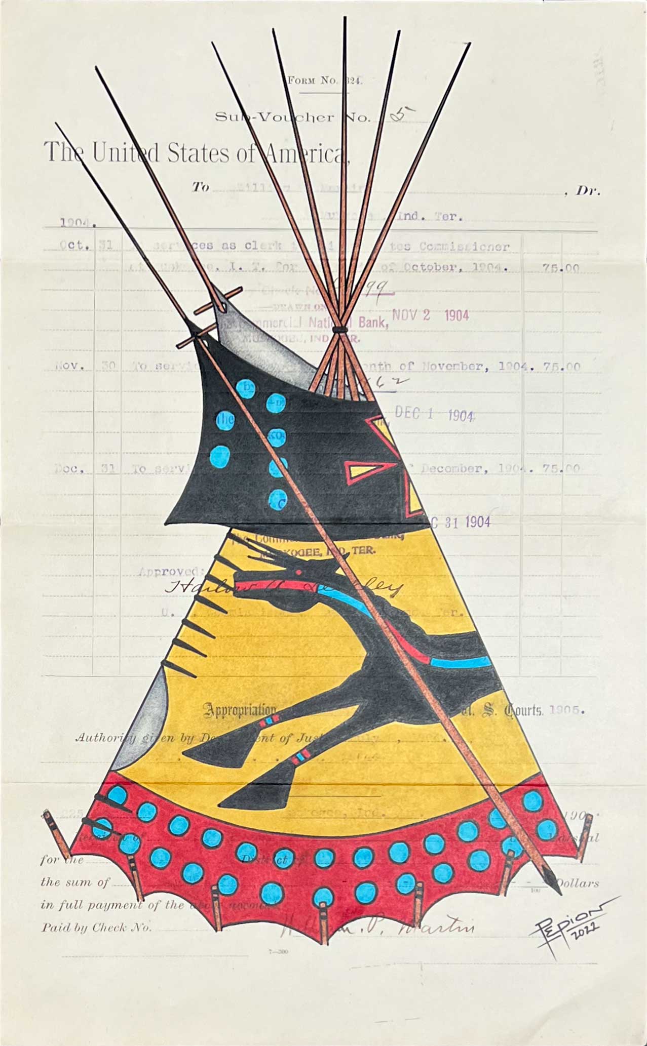 A lodge with black, yellow, and red panels. A black horse with red and blue accents wraps around the center of the lodge with faded printed text showing through from the ledger paper background.