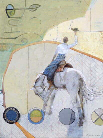 A mixed media painting with soft greens, blues, and yellows in various lines and shapes. In the foreground, a woman astride a white horse faces away from the viewer, raising her hat while the horse lowers its neck.