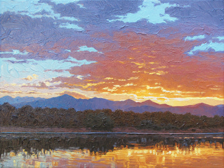 A vibrant oil painting of a purple and orange sunset light up clouds, a distant mountain range, and water in the foreground.
