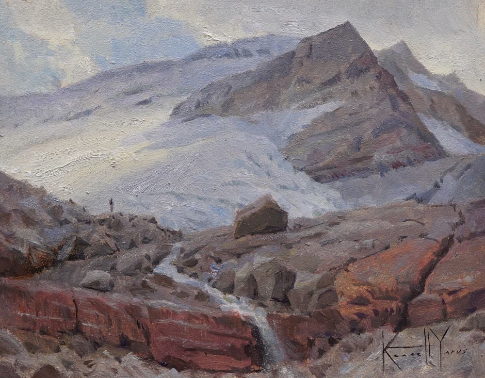 A plein air painting of a rocky glacier with a small figure standing and looking towards the slope.