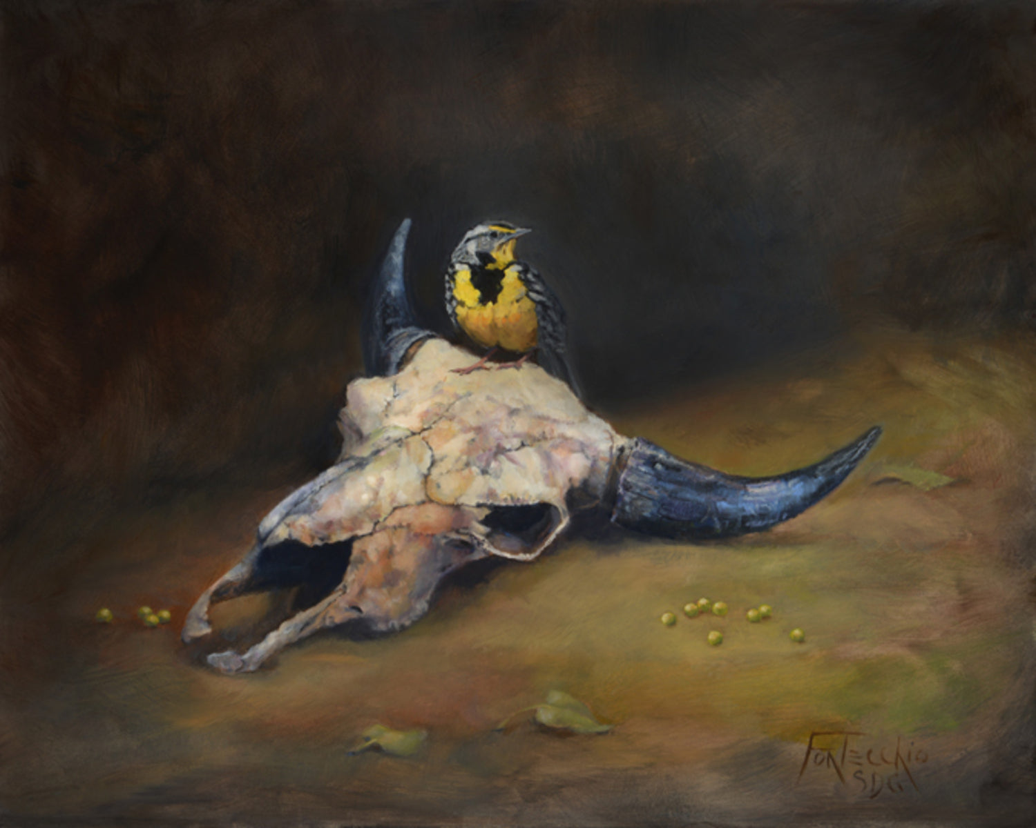 Bison Skull, Wild Berries, and Meadowlark