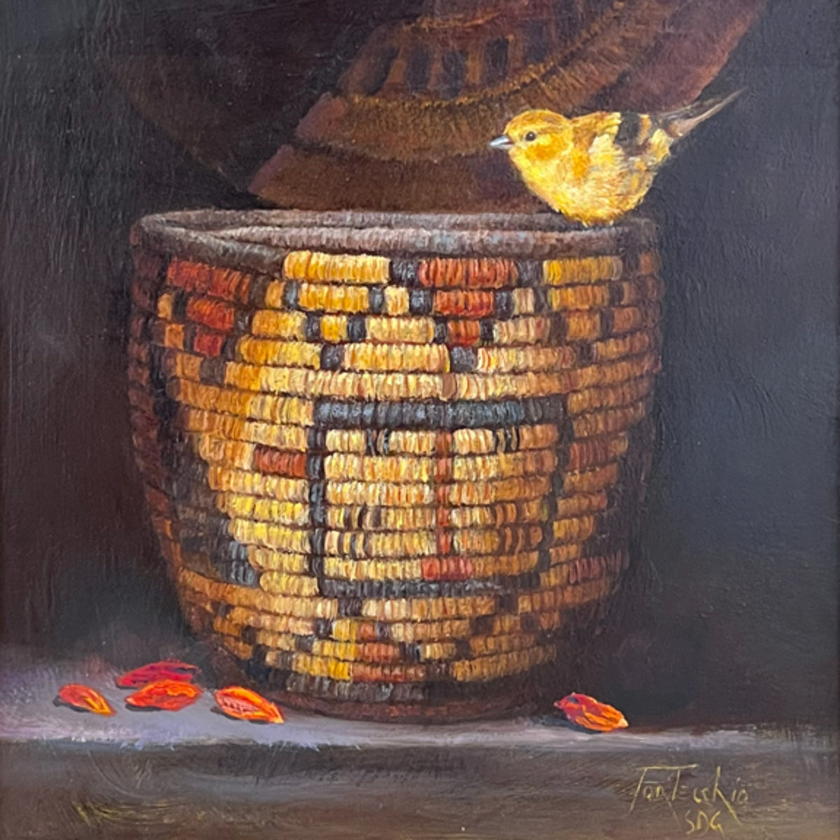 Hopi Coil Basket, Wolfberries and Goldfinch