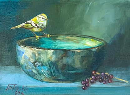 Raku Bowl, Elderberries, and Yellow-Browed Warbler