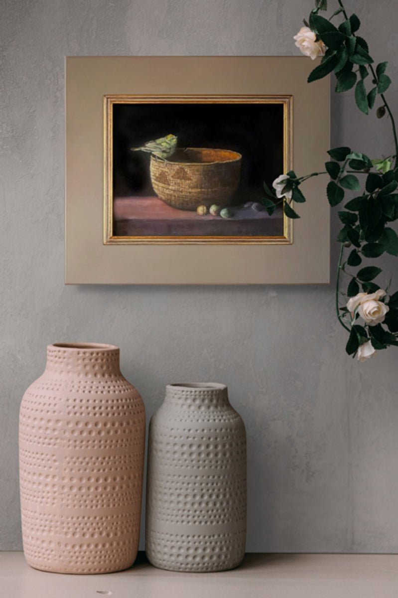 Navajo Basket, Plums, and Orange-Crowned Warbler