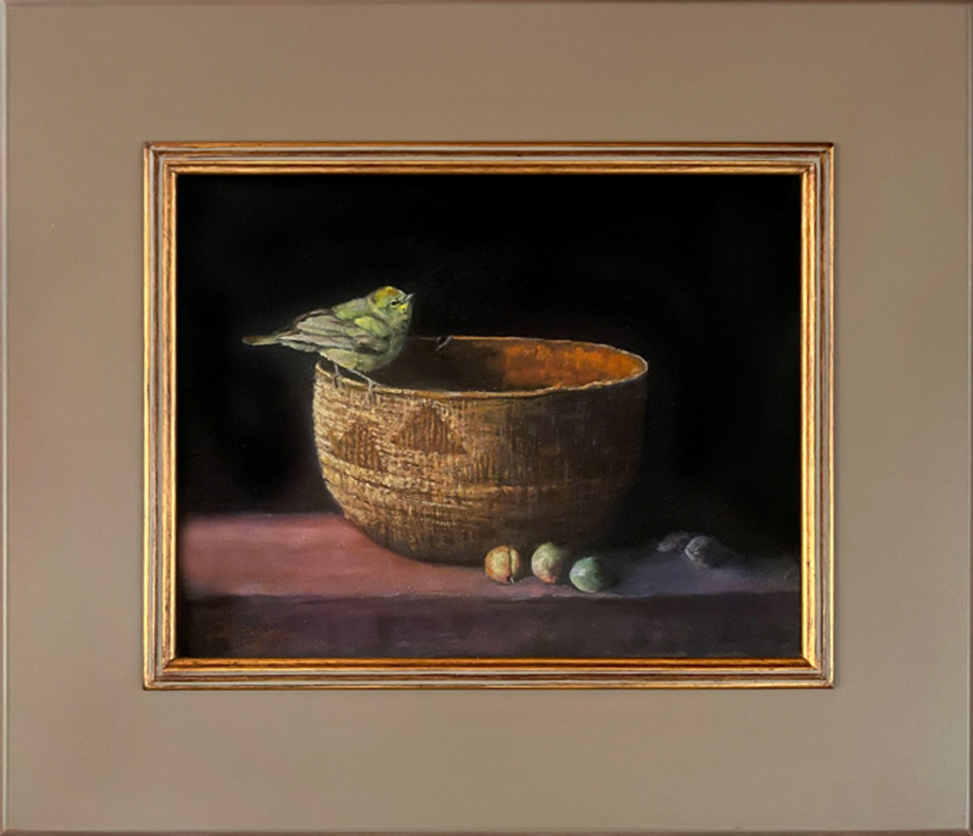 Navajo Basket, Plums, and Orange-Crowned Warbler