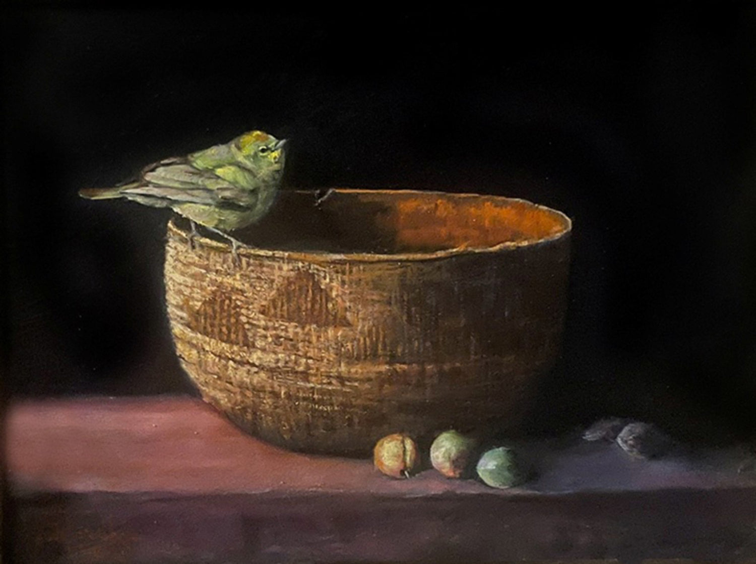 Navajo Basket, Plums, and Orange-Crowned Warbler