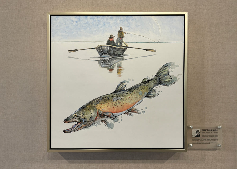 An ink wash piece featuring a prominent bull trout in the foreground with a row boat holding two fishermen above.
