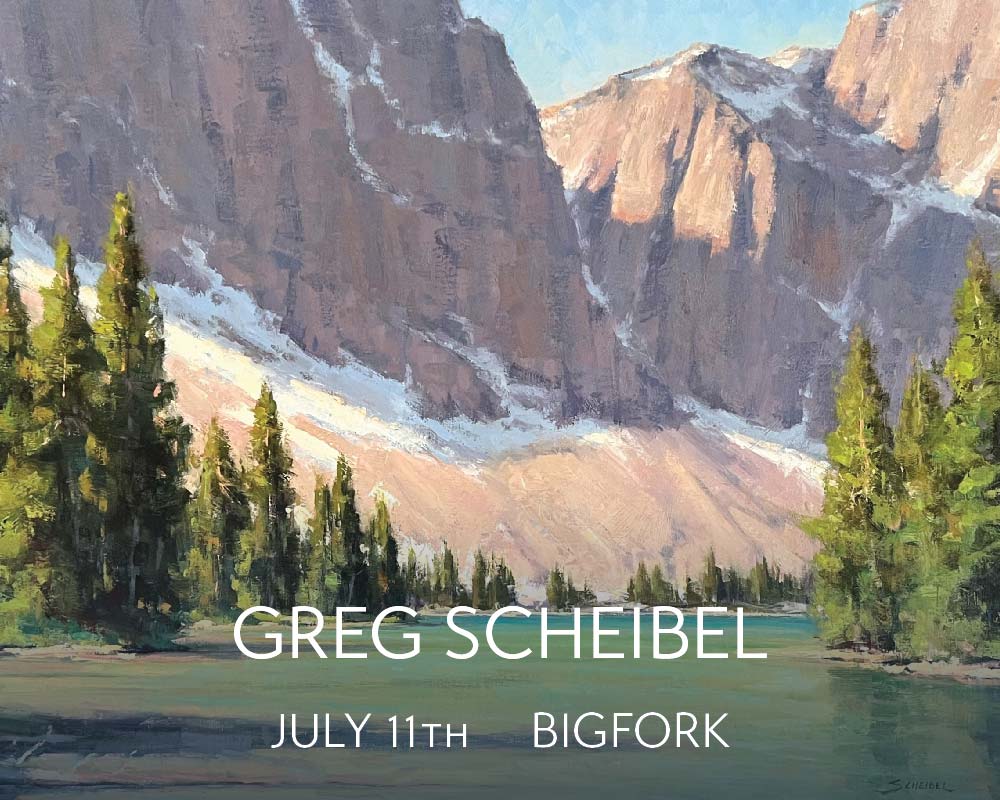 A contemporary landscape oil painting by Stacey Peterson with soft, snowy, blue mountains in the background, yellow grasses glowing in sunlight, and a glassy body of water in the foreground.