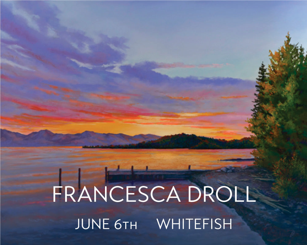 A vivid pastel of a purple and orange sunset over Flathead Lake by Francesca Droll.