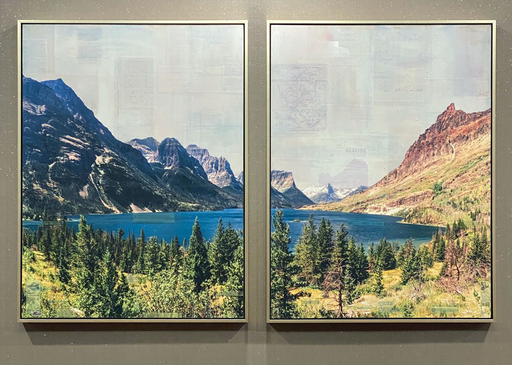 A diptych of the view to the Continental Divide from the east end of St. Mary Lake in Glacier National Park