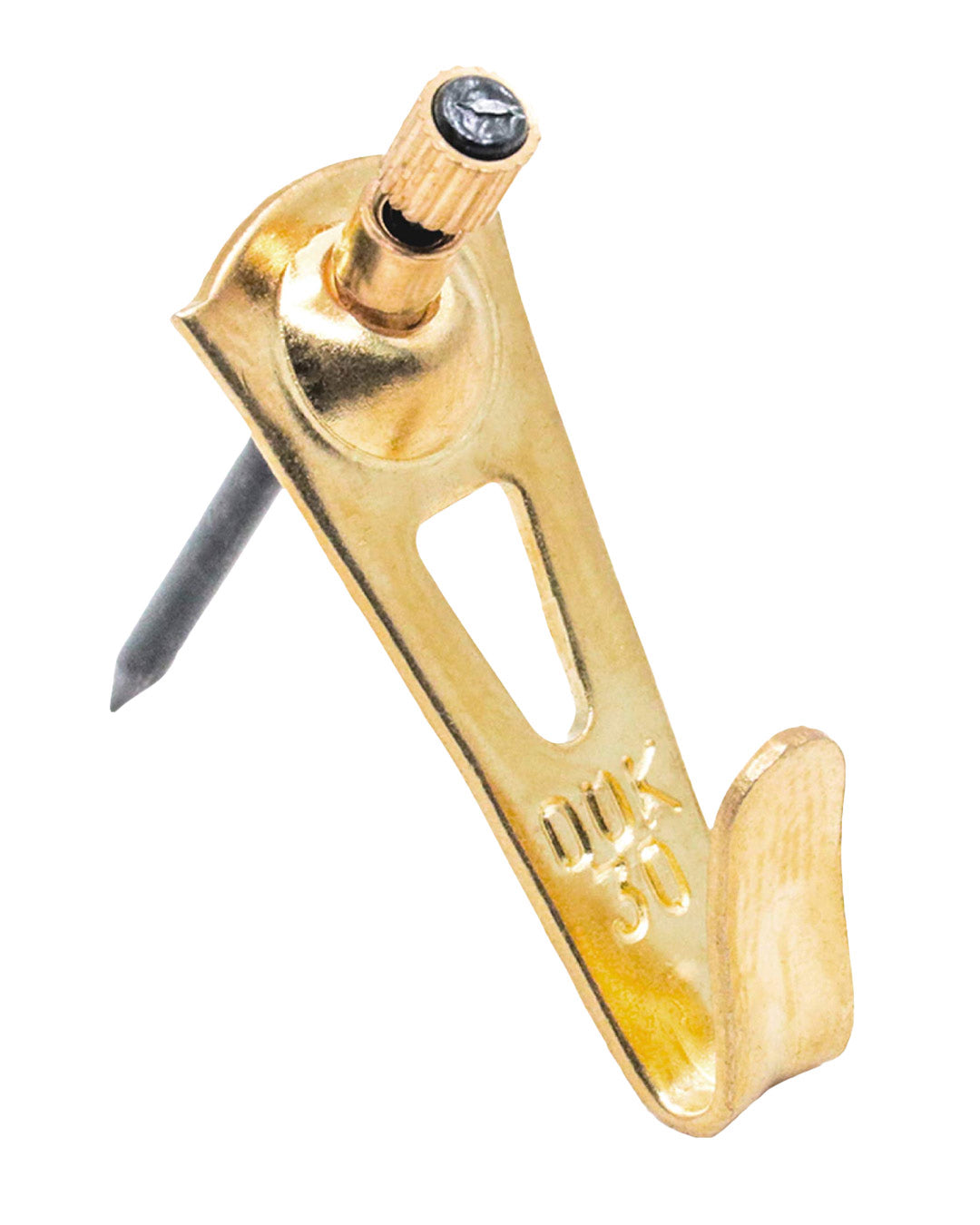 a gold colored picture hanger with a small nail